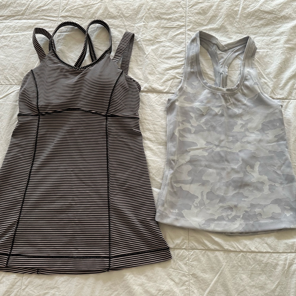 Y2K lululemon athletica Black & White Striped and Light Gray Camo Tank Tops (2)